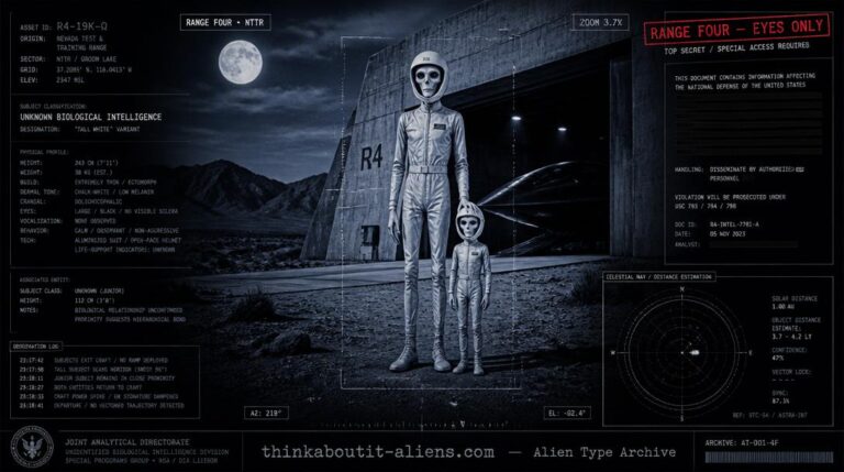 Tall Whites: Illustration of a Tall White extraterrestrial in a levitation suit at a concealed Nevada hangar entrance, styled as a military intelligence dossier image