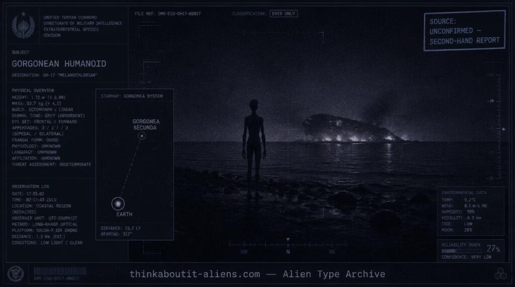 Illustration of a grey-toned Tanzany extraterrestrial silhouetted on a dark shoreline near a distant disaster scene, styled as a military intelligence dossier image