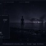 Illustration of a grey-toned Tanzany extraterrestrial silhouetted on a dark shoreline near a distant disaster scene, styled as a military intelligence dossier image