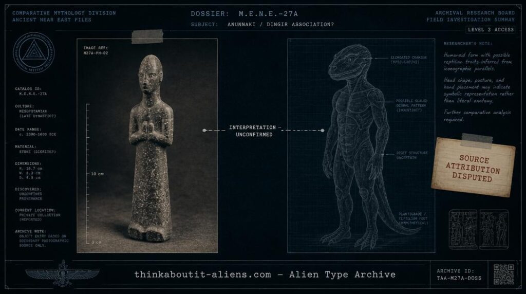 Dossier-style comparison image linking an ancient Mesopotamian statuette to a speculative reptilian humanoid outline, labeled as an unconfirmed interpretation
