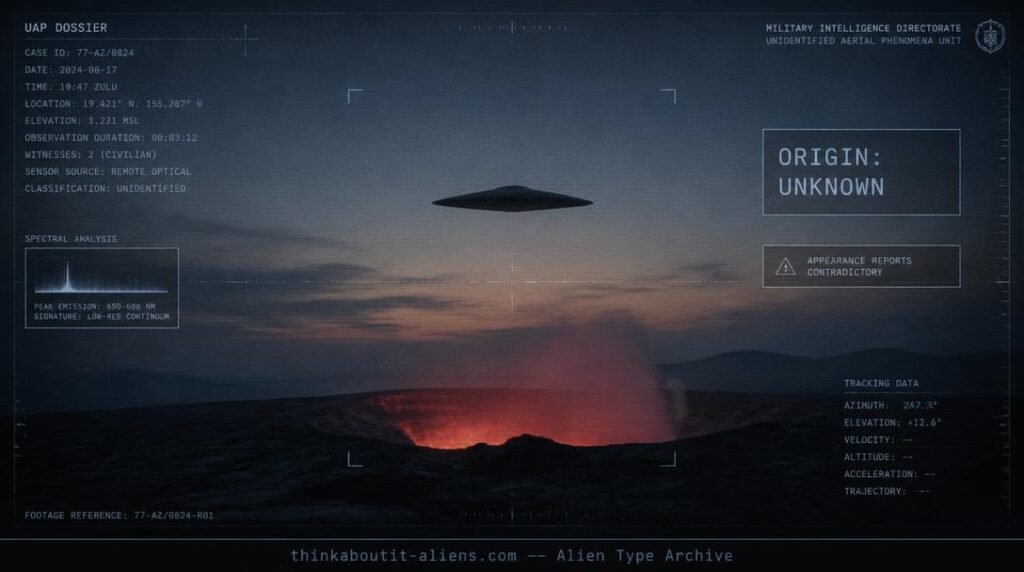 Illustration of an unidentified, smoothly contoured craft hovering above a glowing volcanic crater at dusk, styled as a sparse military intelligence dossier image