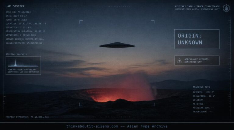 Illustration of an unidentified, smoothly contoured craft hovering above a glowing volcanic crater at dusk, styled as a sparse military intelligence dossier image