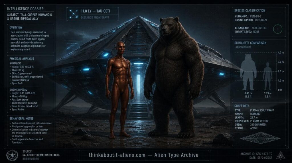 Illustration of a tall copper-skinned Tau Cetian humanoid standing beside a massive bear-like mammaloid near a diamond-shaped scout craft, styled as a military intelligence dossier image