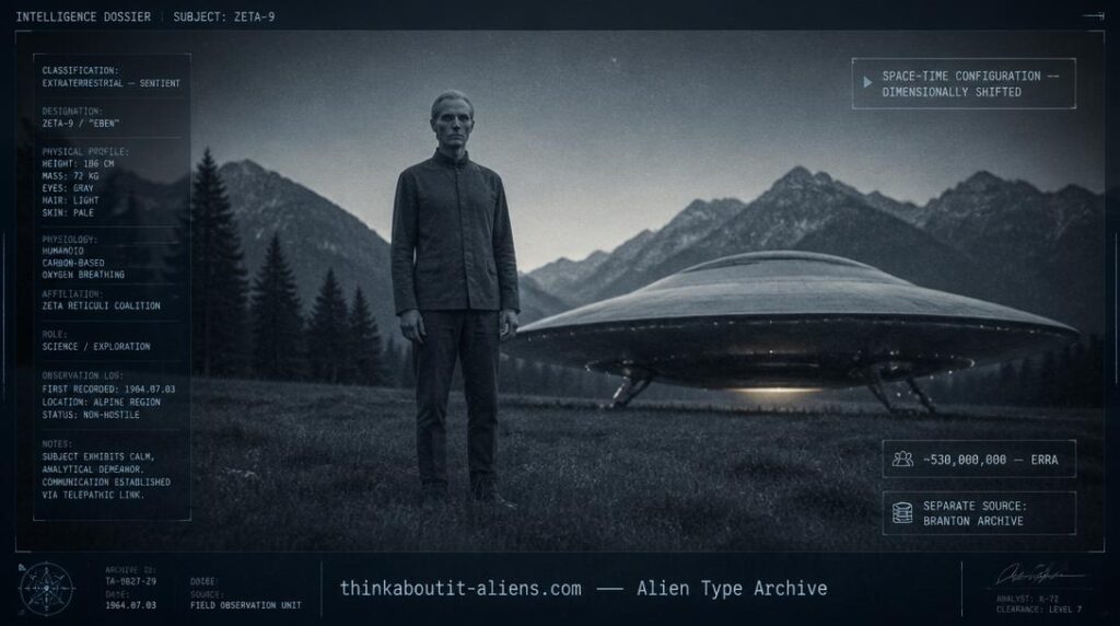 Illustration of a human-appearing Taygetean/Plejaren figure standing near a disc-shaped beamship in a dusk field, styled as a military intelligence dossier image