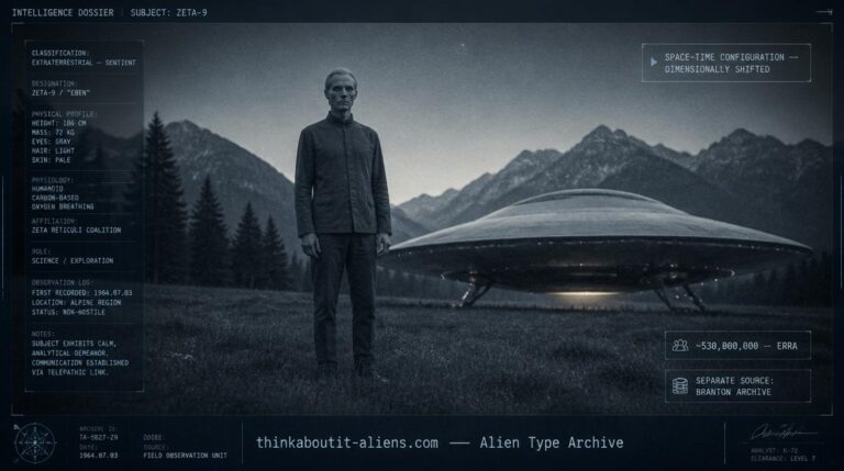 Illustration of a human-appearing Taygetean/Plejaren figure standing near a disc-shaped beamship in a dusk field, styled as a military intelligence dossier image