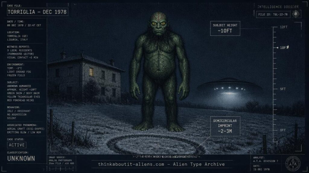 Illustration of a ten-foot green-skinned, hairy humanoid entity with triangular yellow eyes standing near a frozen Italian field at night, styled as a military intelligence dossier image