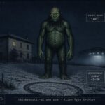 Illustration of a ten-foot green-skinned, hairy humanoid entity with triangular yellow eyes standing near a frozen Italian field at night, styled as a military intelligence dossier image