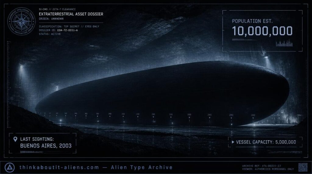 Illustration of a massive, featureless alien vessel resting in a deep underground cavern, styled as a sparse military intelligence dossier image