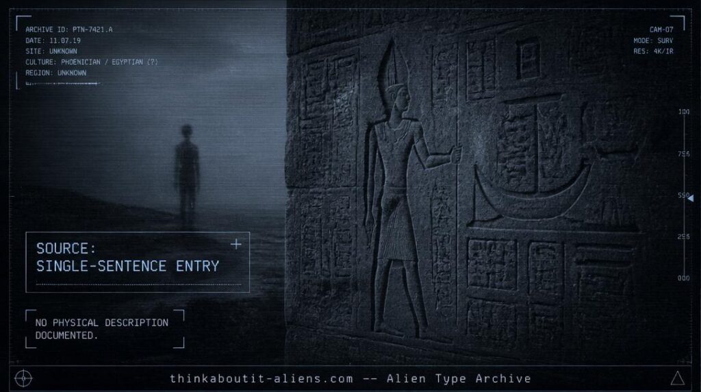 The Ancients: Illustration of a faint, indistinct humanoid silhouette beside a weathered ancient Egyptian or Phoenician relief carving, styled as a sparse military intelligence dossier image