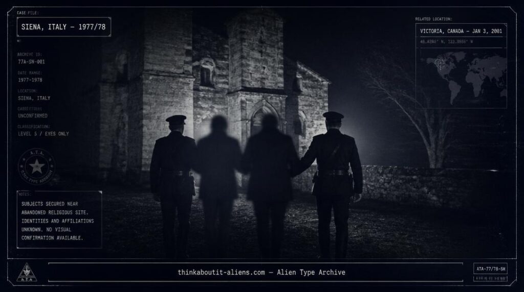 Illustration of two indistinct shadowed humanoid figures being led away near a weathered stone church ruin at night, styled as an archival dossier image