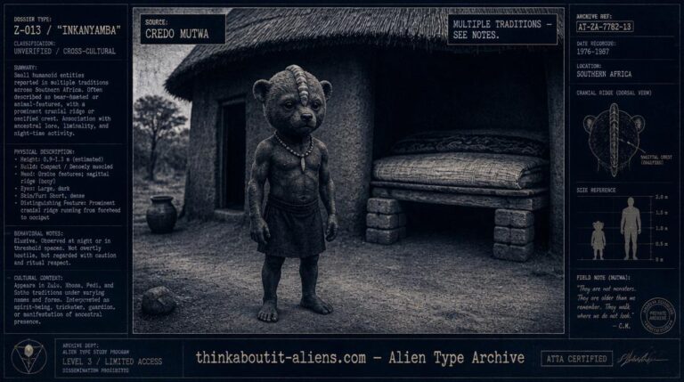 Tokoloshe: Illustration of a small teddy-bear-headed humanoid figure with a bony cranial ridge standing near a traditional dwelling with a bed raised on bricks, styled as an archival dossier image