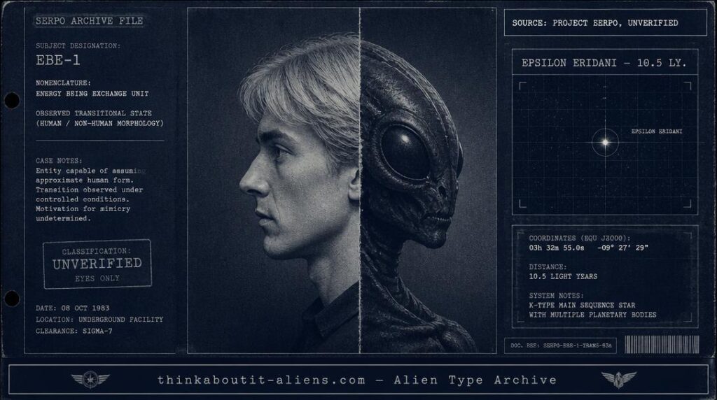 Illustration of a figure split down the middle, one side a blond human profile and the other a dark insectoid profile, styled as an archival dossier image