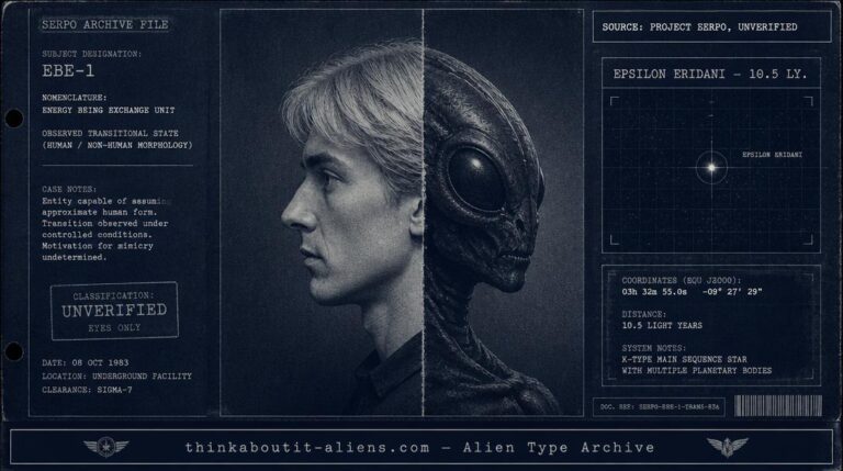 Illustration of a figure split down the middle, one side a blond human profile and the other a dark insectoid profile, styled as an archival dossier image