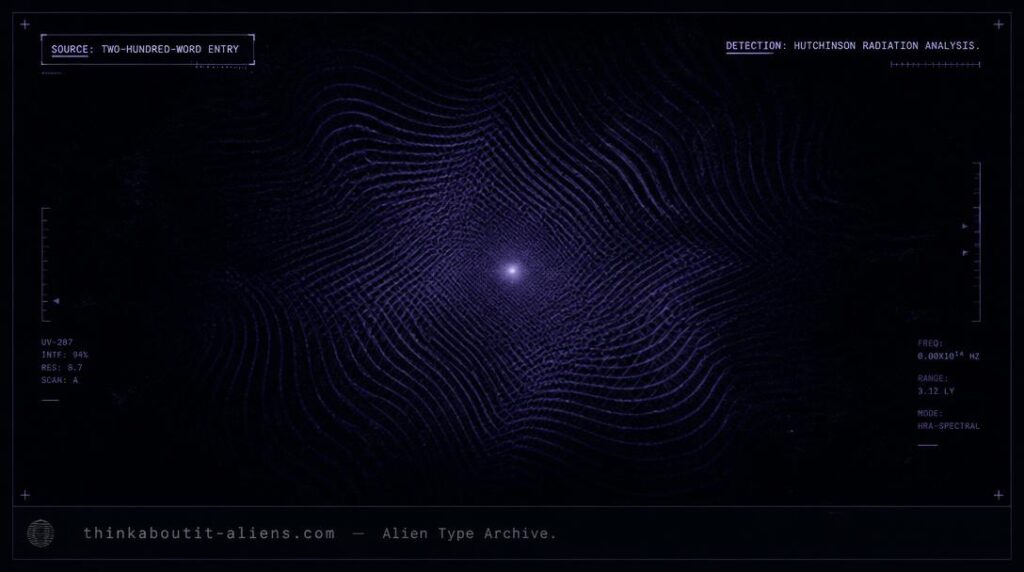 Illustration of a shifting violet-ultraviolet moiré interference pattern floating against a distant, softly glowing quasar core, styled as a sparse archival dossier image