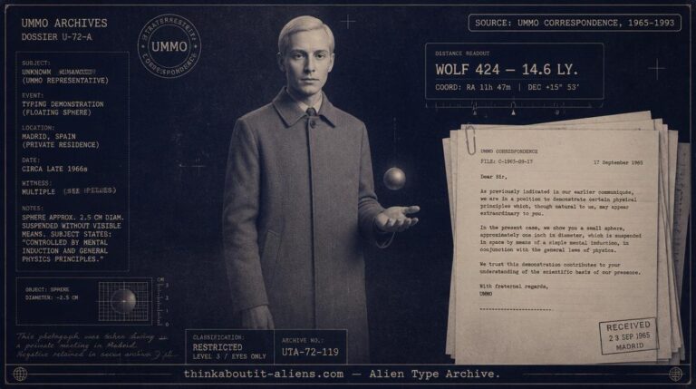 Illustration of a tall, fair-haired figure in a plain overcoat standing beside stacked typed letters and a small floating sphere, styled as an archival dossier image