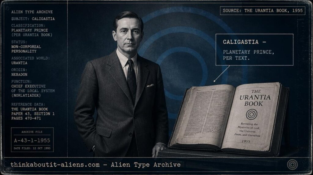Illustration of an ordinary-looking human-passing figure standing beside an open, weathered book with three concentric blue circles subtly visible in the background, styled as an archival dossier image