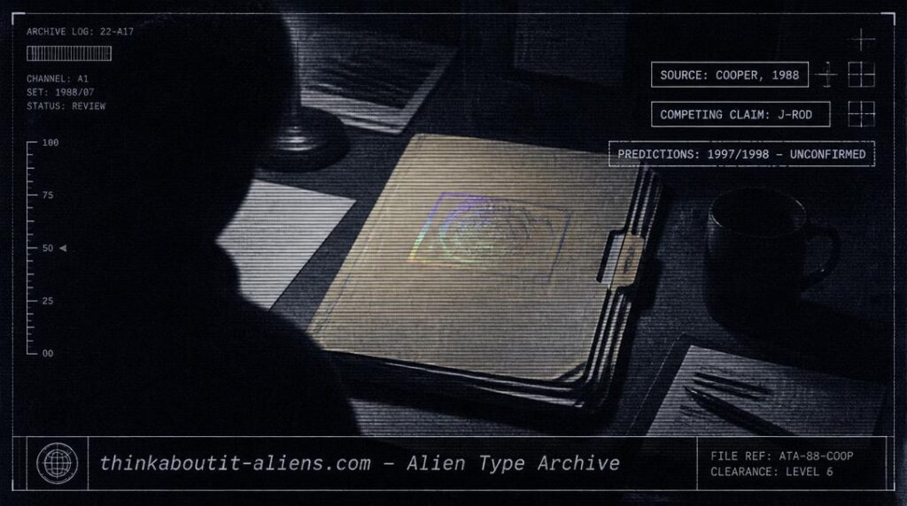 Illustration of a weathered yellow-toned document folder with a holographic sheen beside a deliberately indistinct shadowed figure, styled as a sparse archival dossier image