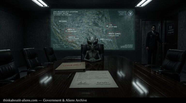 A Grey alien sits at an underground conference table with EYES ONLY documents and a projected map of the American Southwest while a military aide stands at the door