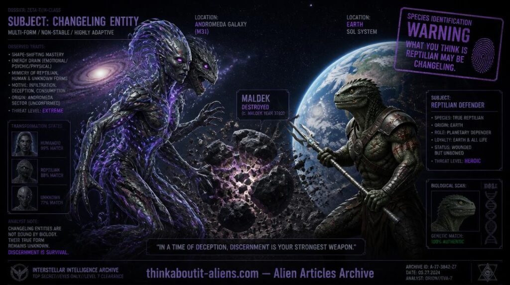 Iridescent Changeling entity mid-transformation confronting a wounded genuine Reptilian warrior, shattered Maldek asteroid fragments between them, Andromeda behind the Changeling and Earth behind the Reptilian