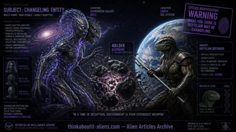 Orion Lizards: Iridescent Changeling entity mid-transformation confronting a wounded genuine Reptilian warrior, shattered Maldek asteroid fragments between them, Andromeda behind the Changeling and Earth behind the Reptilian