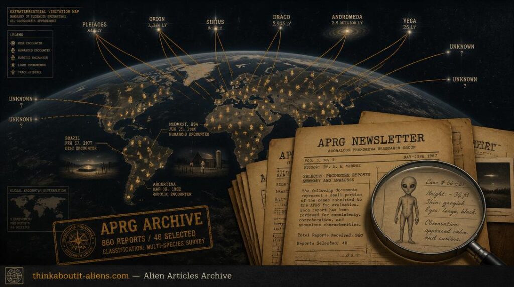 Earth viewed from above with amber flight-path lines from multiple star systems converging on encounter icons across five continents, with yellowed APRG Newsletter pages in foreground
