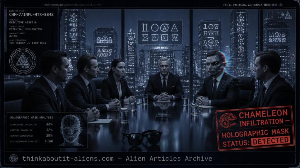 Corporate boardroom with six suited figures, one mid-chromatic-glitch revealing scaled non-human features beneath human mask, dark sunglasses on table, alien-script billboards through window