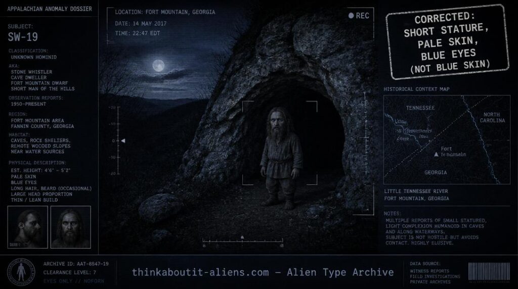 Dossier-style illustration of a small, pale-skinned, blue-eyed humanoid figure at a cave entrance under moonlight, representing the corrected Cherokee Moon-Eyed People legend.