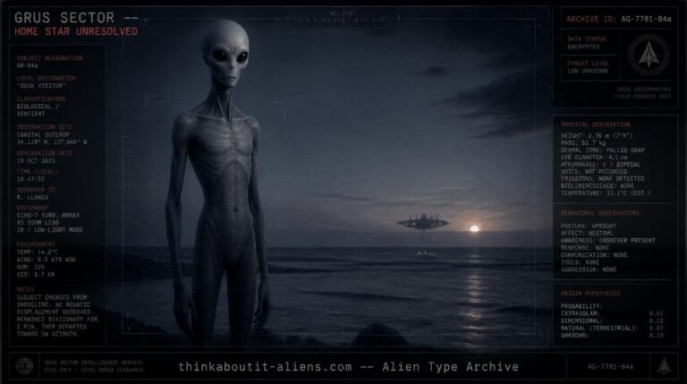 Illustration of the EL-Manouk, a skull-faced peaceful alien species from the Grus constellation