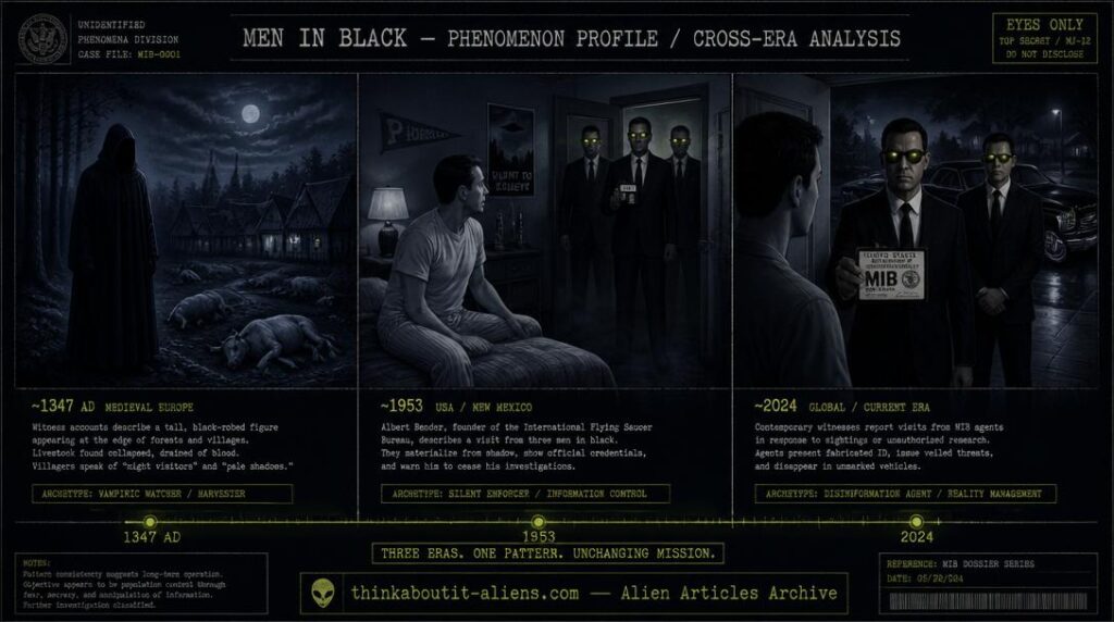 Three-panel triptych showing the MIB archetype across eras: medieval black-robed figure with collapsed livestock, 1950s bedroom materialization before Albert Bender, and modern doorstep visit with black Cadillac