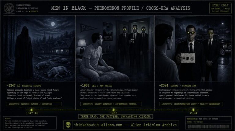 Three-panel triptych showing the MIB archetype across eras: medieval black-robed figure with collapsed livestock, 1950s bedroom materialization before Albert Bender, and modern doorstep visit with black Cadillac