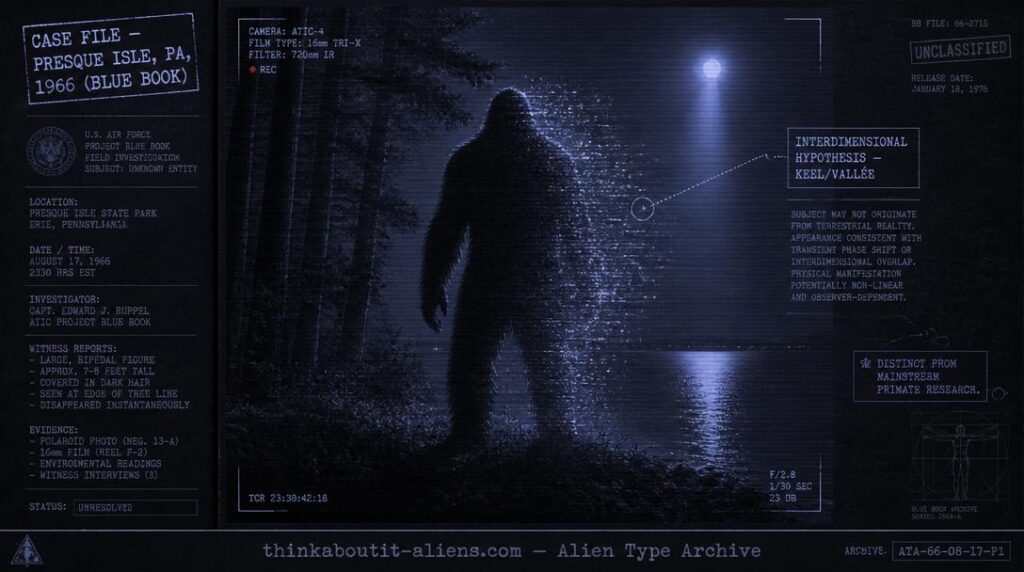 Dossier-style illustration of a large hairy humanoid silhouette dissolving into light at a forest's edge, with a glowing orb in the background, representing the Bigfoot-UFO interdimensional hypothesis.