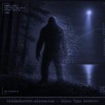 Dossier-style illustration of a large hairy humanoid silhouette dissolving into light at a forest's edge, with a glowing orb in the background, representing the Bigfoot-UFO interdimensional hypothesis.