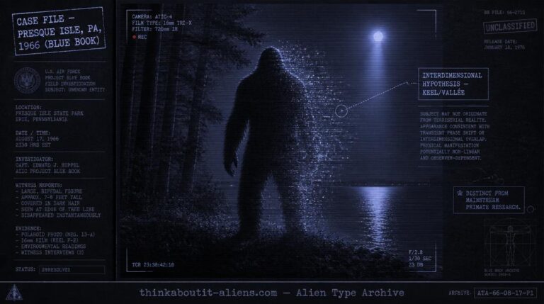 Dossier-style illustration of a large hairy humanoid silhouette dissolving into light at a forest's edge, with a glowing orb in the background, representing the Bigfoot-UFO interdimensional hypothesis.