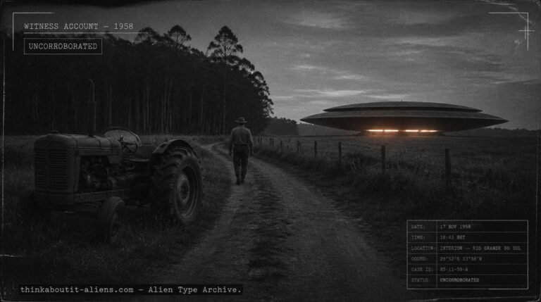 Farmer walking away from a disc-shaped craft in a 1958 Brazilian field without looking back, illustrating the Artur Berlet Acartitians contact case