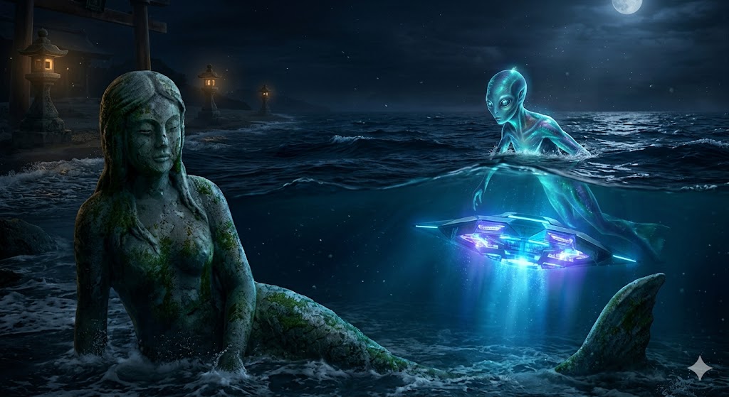 An ancient Japanese mermaid statue next to a real bioluminescent aquatic alien in the ocean.
