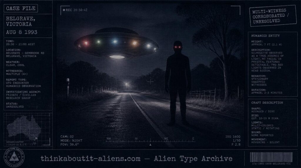 Dossier-style illustration of a tall, void-black humanoid silhouette with glowing red eyes beside a hovering lit craft on a dark rural road, representing the 1993 Kelly Cahill case.