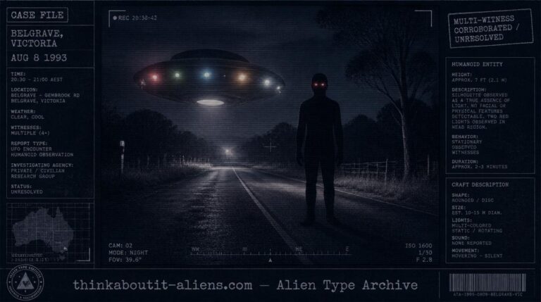 Dossier-style illustration of a tall, void-black humanoid silhouette with glowing red eyes beside a hovering lit craft on a dark rural road, representing the 1993 Kelly Cahill case.