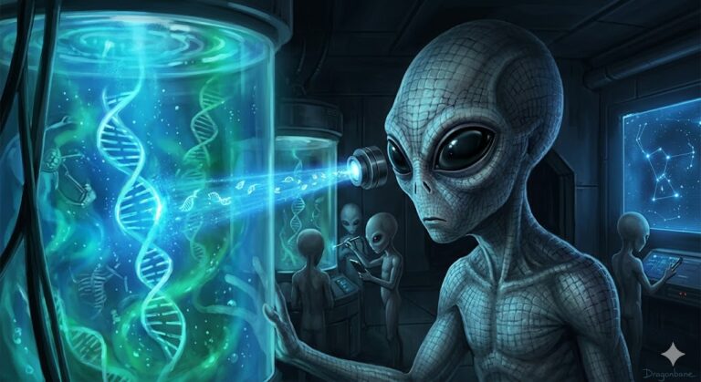 Grey aliens in an underground lab synthesizing DNA to fix their cloning degradation.