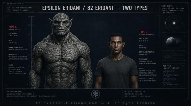 Illustration comparing the two Eridanian types — a wrinkled crocodile-skinned giant and a human-passing bronze-skinned figure