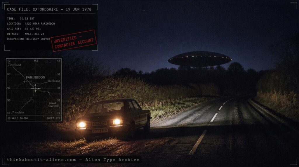 Grainy 1970s-style nighttime photo of a dark disc-shaped craft over an English country road, referencing the 1978 Oxfordshire Janos People contact case