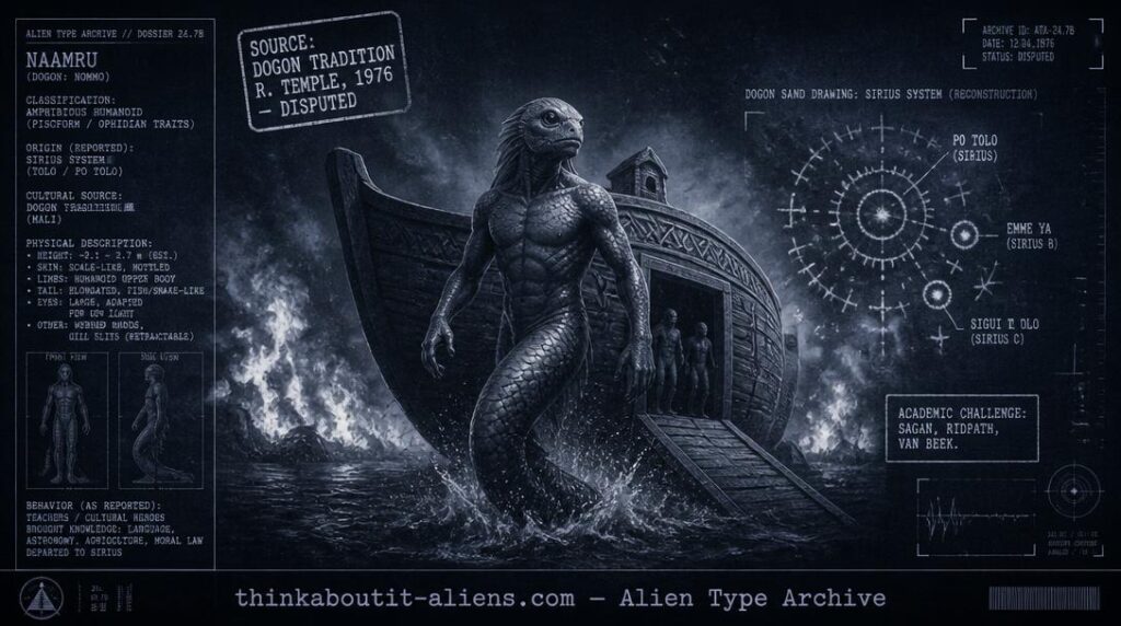 Dossier-style illustration of an amphibious, fish/snake-tailed humanoid figure emerging from a fire-and-wind "ark," with a Dogon sand-drawing motif of the Sirius system, representing the Nommo tradition.