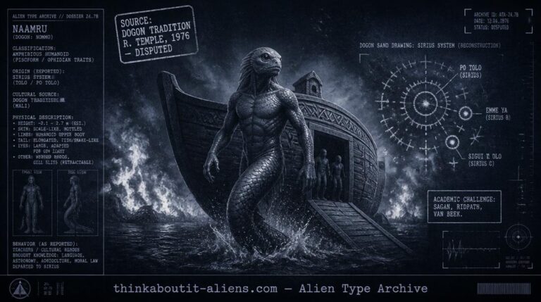 Dossier-style illustration of an amphibious, fish/snake-tailed humanoid figure emerging from a fire-and-wind "ark," with a Dogon sand-drawing motif of the Sirius system, representing the Nommo tradition.
