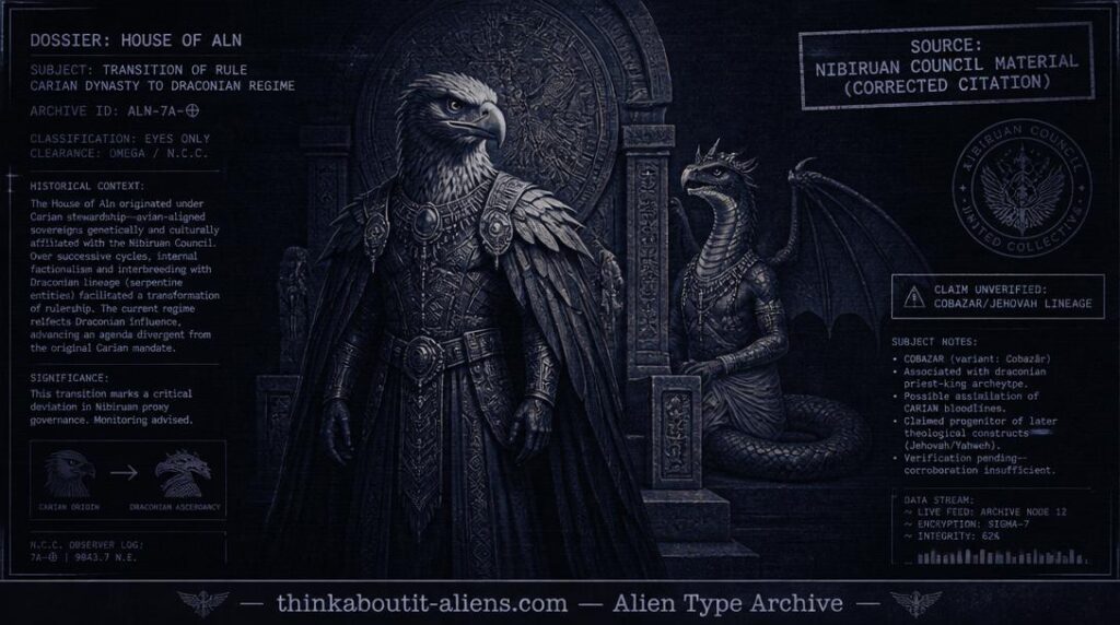Dossier-style illustration of an eagle-headed humanoid figure before a throne with a winged serpent figure beside it, representing the Carian-to-Draconian succession of the House of Aln.