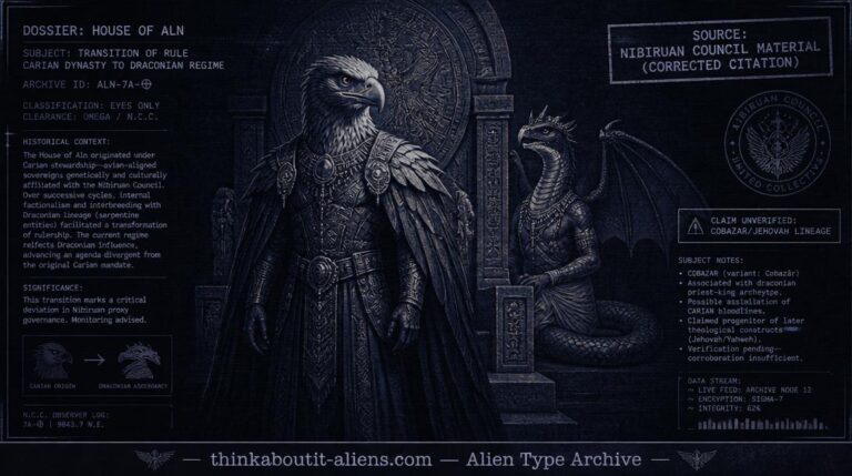 Dossier-style illustration of an eagle-headed humanoid figure before a throne with a winged serpent figure beside it, representing the Carian-to-Draconian succession of the House of Aln.