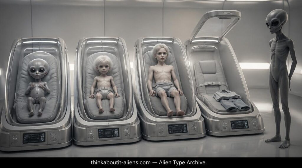 Four transparent incubation pods in a vessel nursery showing hybrid alien development from first-generation alien-dominant infant through near-human adolescent, with the fourth pod empty and a Grey observing