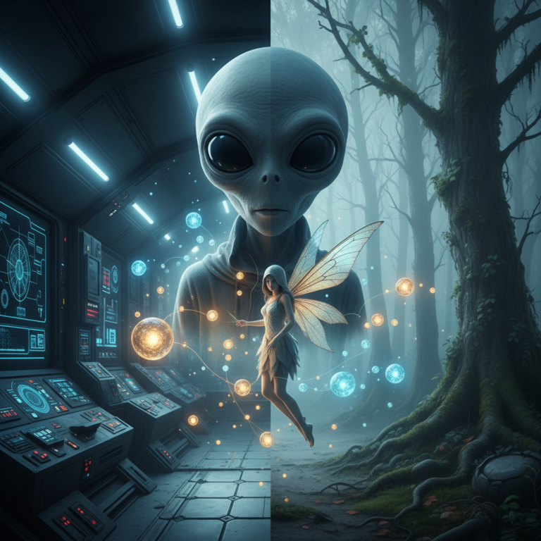 A surreal blend of a modern Gray alien and an ancient mystical being, representing the changing face of UFOs.