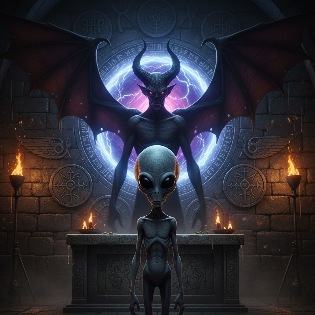 An illustration showing the demonic nature hidden behind the image of a Gray alien.