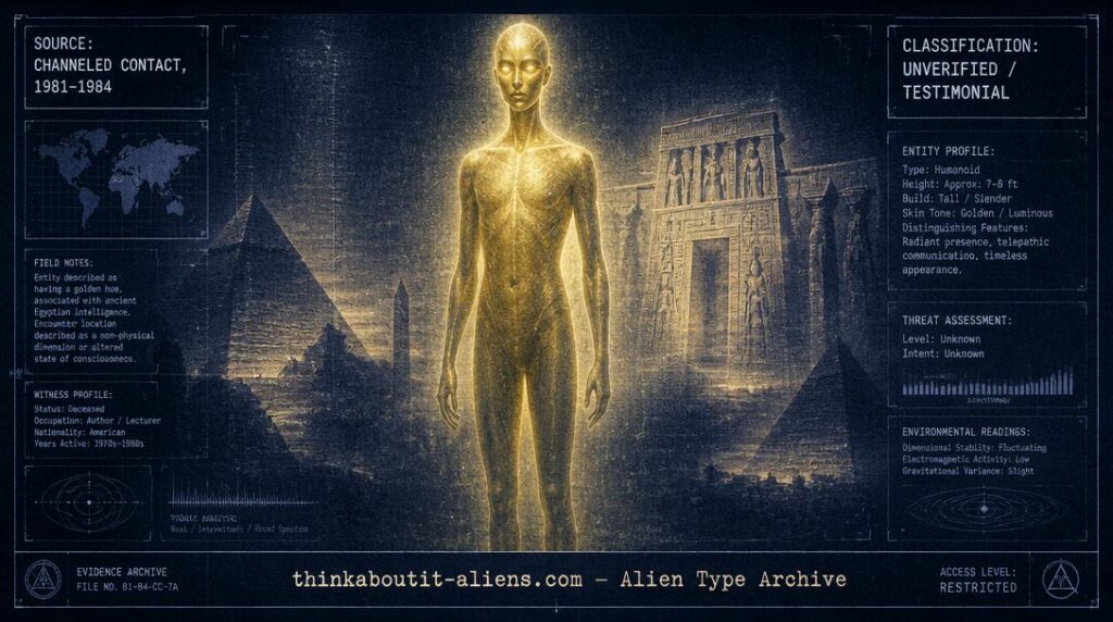 Dossier-style illustration of Ra, the golden-skinned entity described in the Law of One channeled sessions, against a dissolving Egyptian backdrop.