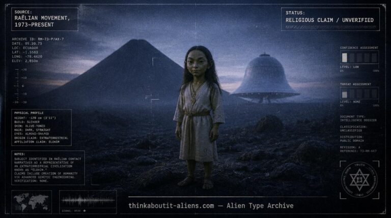 Dossier-style illustration of an Elohim being as described by Claude Vorilhon, founder of the Raëlian Movement, near a volcanic encounter site.
