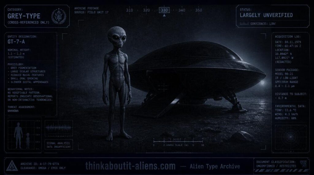 Dossier-style illustration of a Grey-type entity associated with the Railoid designation, shown with a generic scout craft.